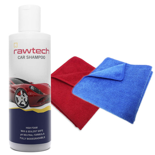Rawtech Combo of Car Shampoo (250ml) and 2 Microfibre Cleaning Cloth (40 cm x 40 cm)